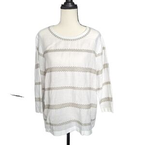 J Jill Love Linen Cross Stitch Casual Top White Sage Brush Size M